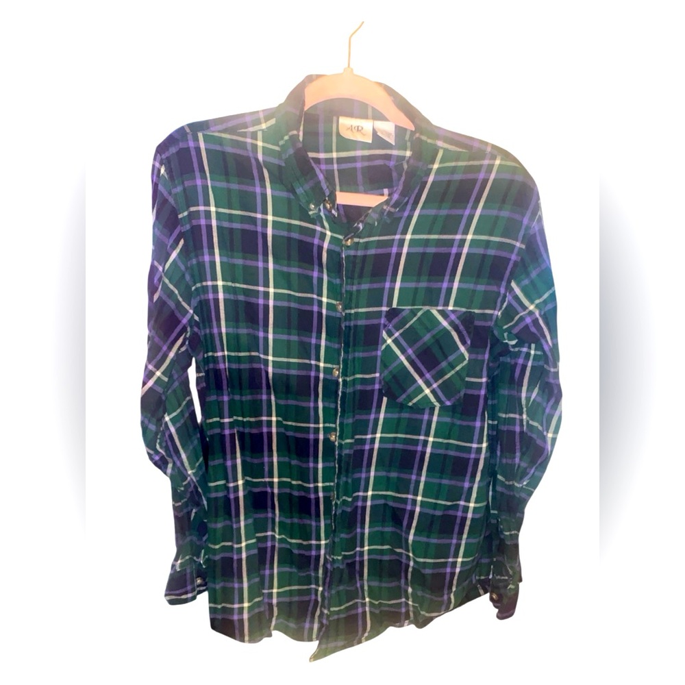 Mens Green and Blue AR Plaid Button-Up Shirt